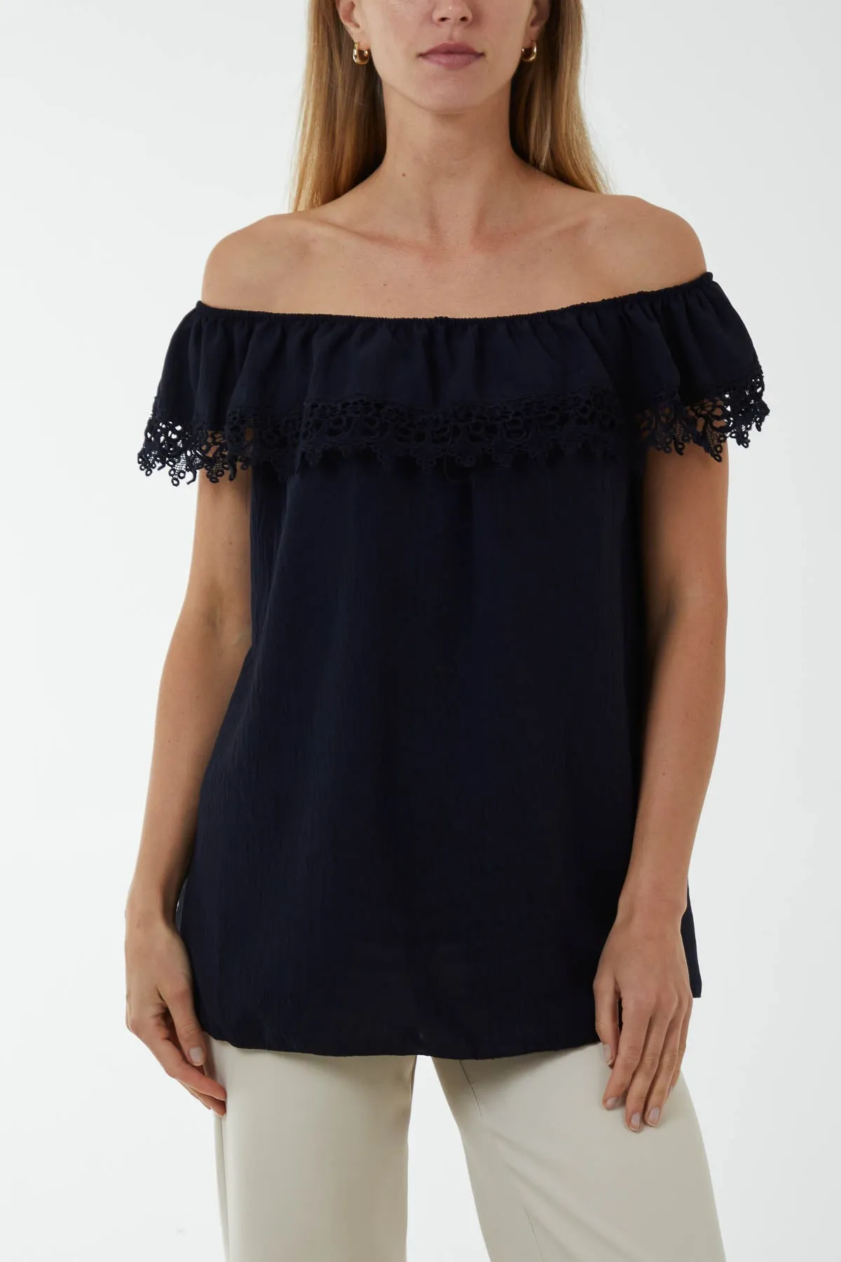 Laced Detail Frill Bardot Top