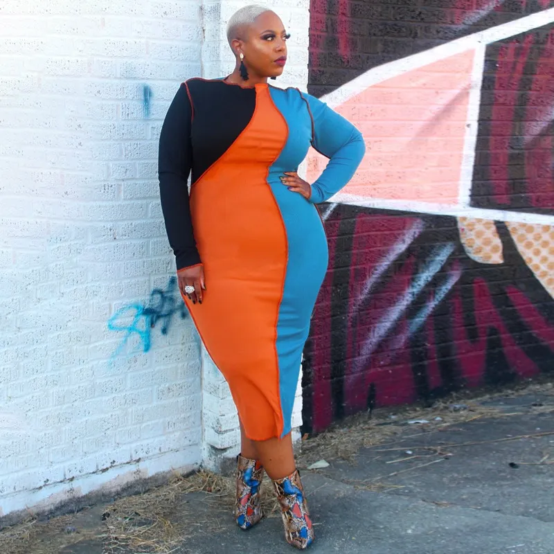 Long Sleeve Color Block Bodycon Dress