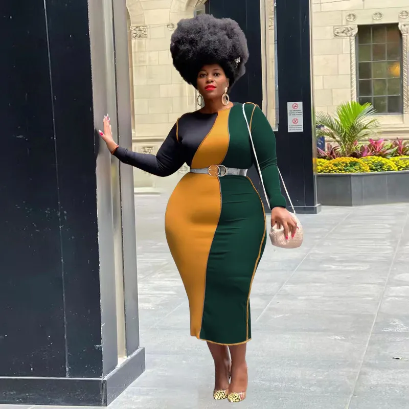 Long Sleeve Color Block Bodycon Dress