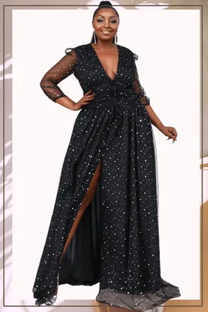 Long Sleeve High Slit Black Plus Size Maxi Dress