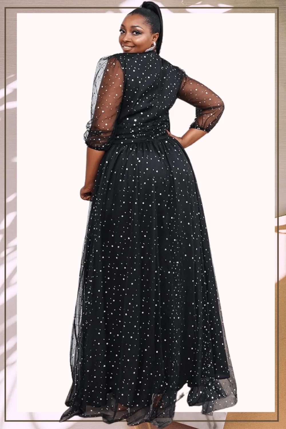 Long Sleeve High Slit Black Plus Size Maxi Dress