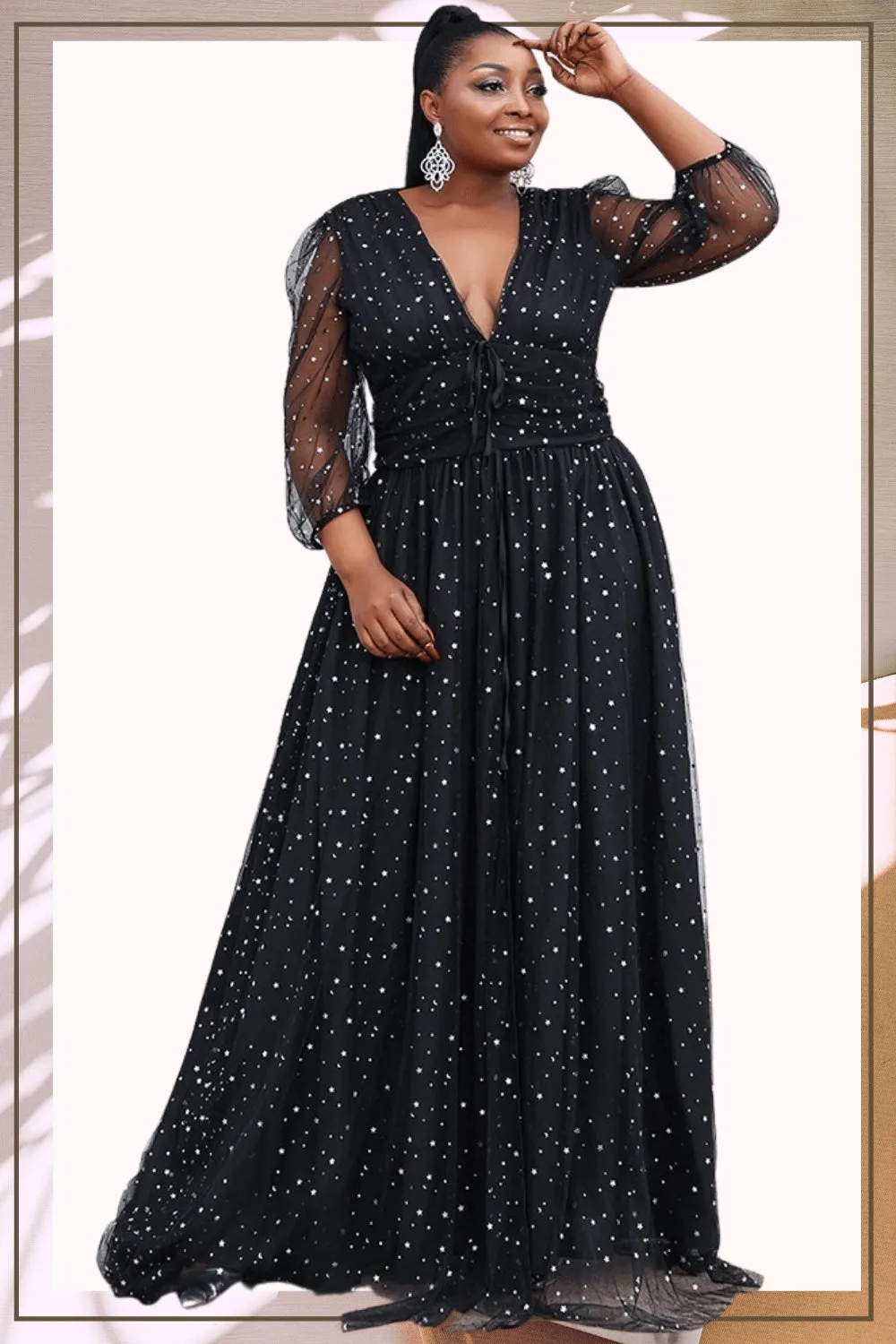 Long Sleeve High Slit Black Plus Size Maxi Dress