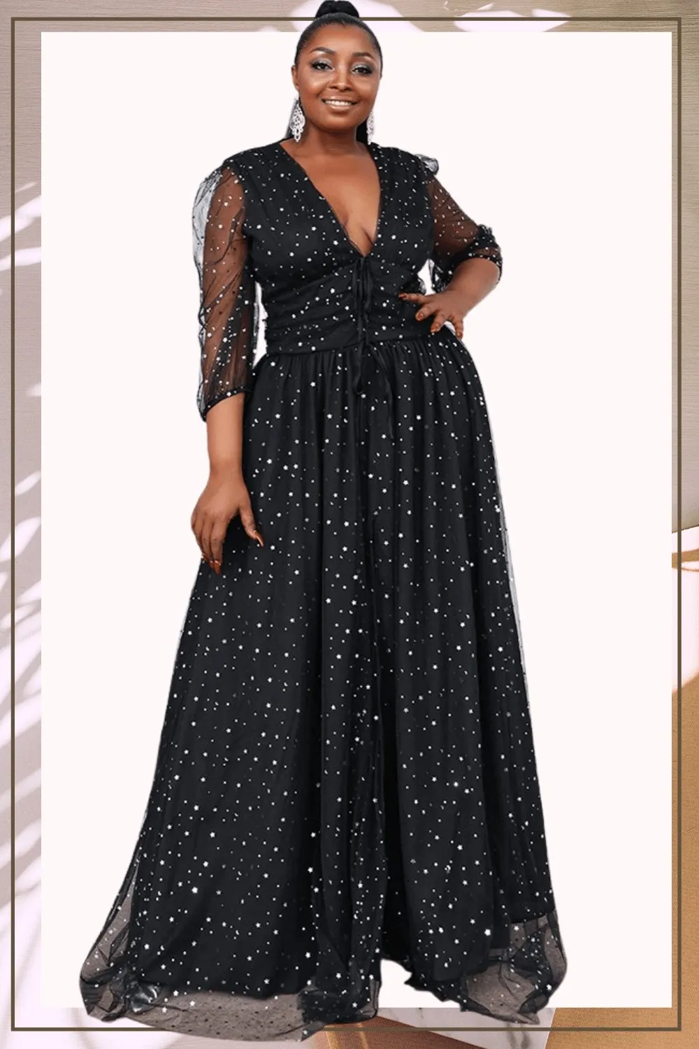 Long Sleeve High Slit Black Plus Size Maxi Dress