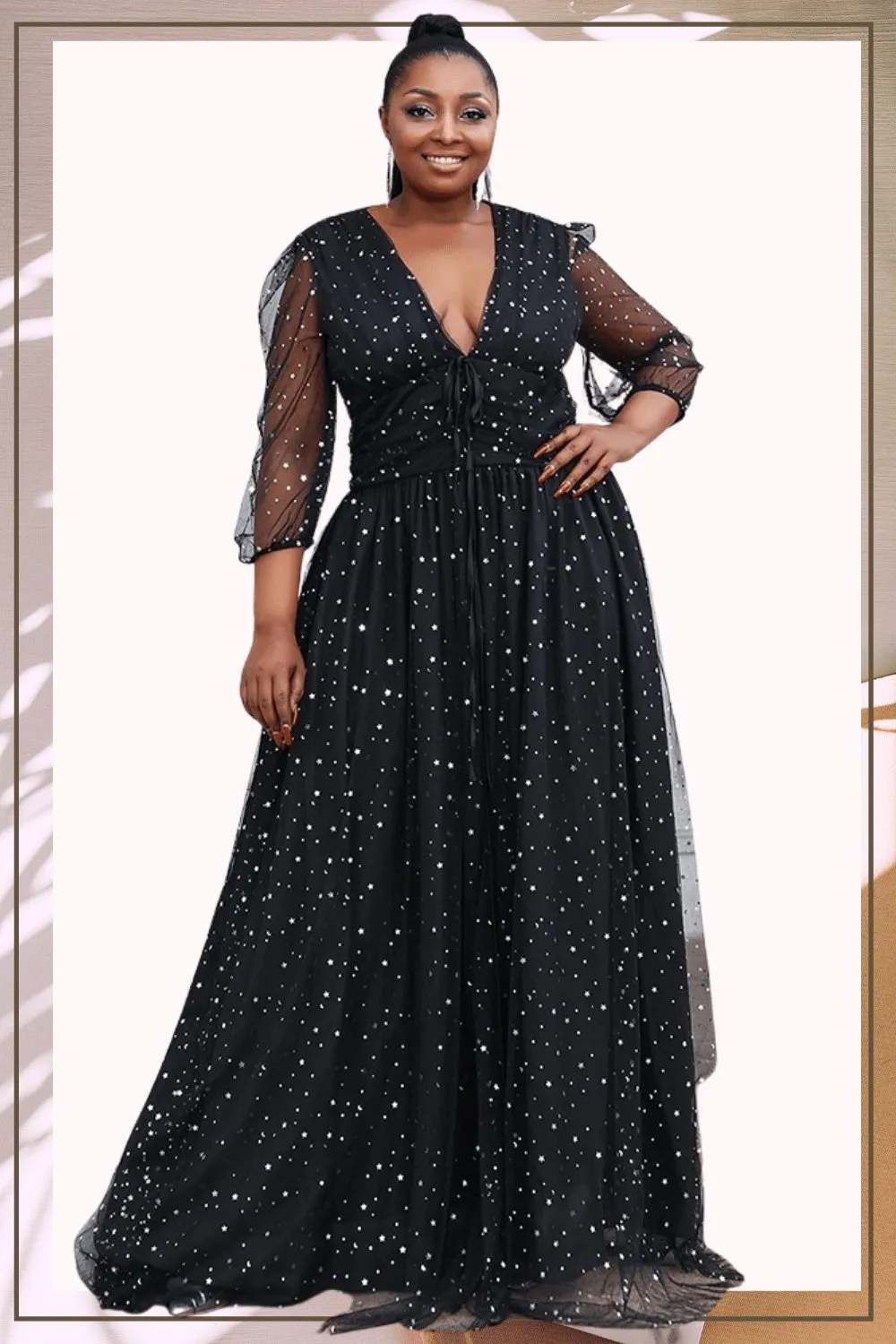 Long Sleeve High Slit Black Plus Size Maxi Dress