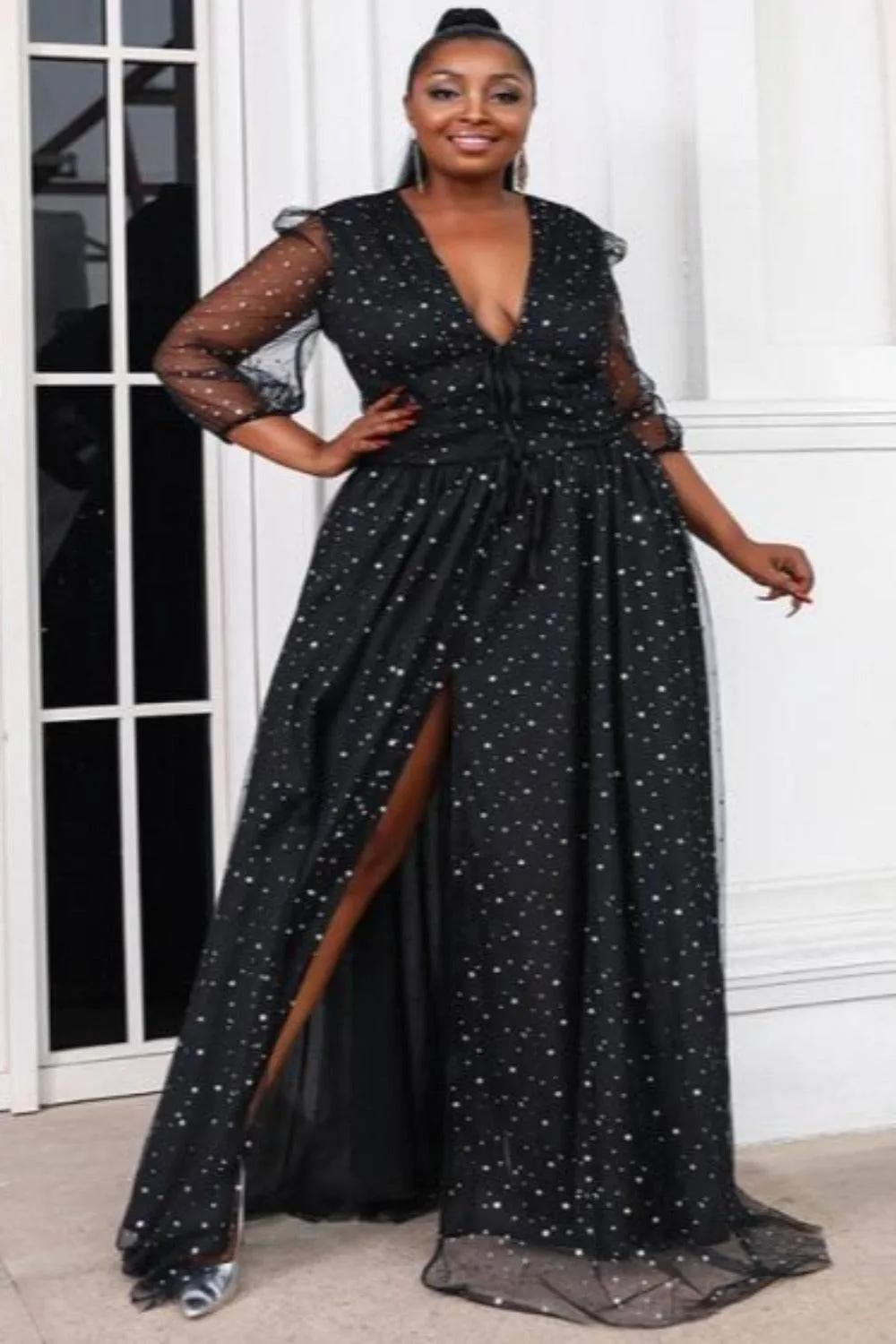 Long Sleeve High Slit Black Plus Size Maxi Dress