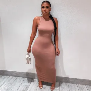 Long Sleeveless Bodycon Dress in Solid Color - Slim Fit - Polyester/Spandex