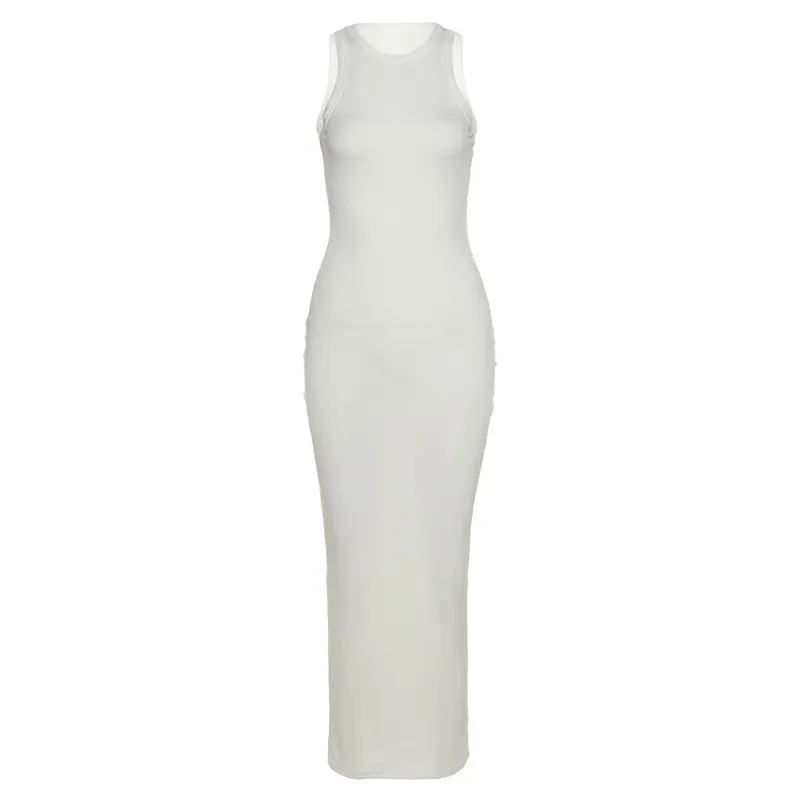 Long Sleeveless Bodycon Dress in Solid Color - Slim Fit - Polyester/Spandex