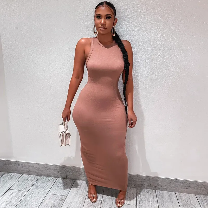 Long Sleeveless Bodycon Dress in Solid Color - Slim Fit - Polyester/Spandex