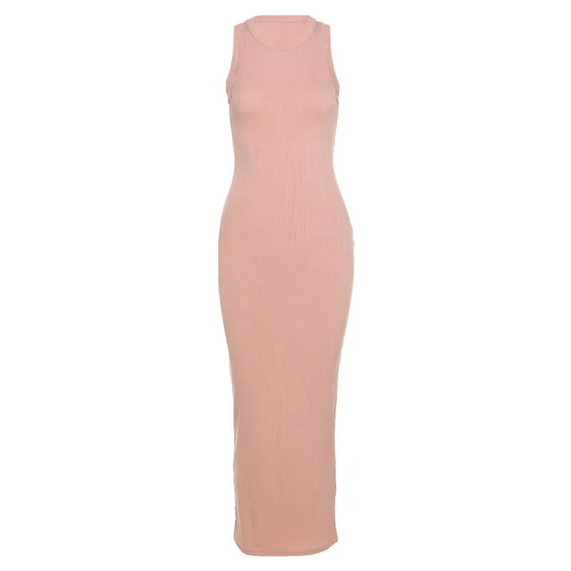 Long Sleeveless Bodycon Dress in Solid Color - Slim Fit - Polyester/Spandex