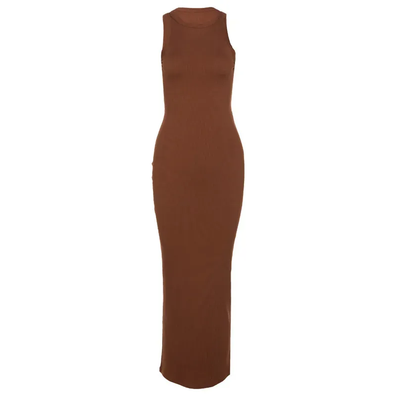 Long Sleeveless Bodycon Dress in Solid Color - Slim Fit - Polyester/Spandex