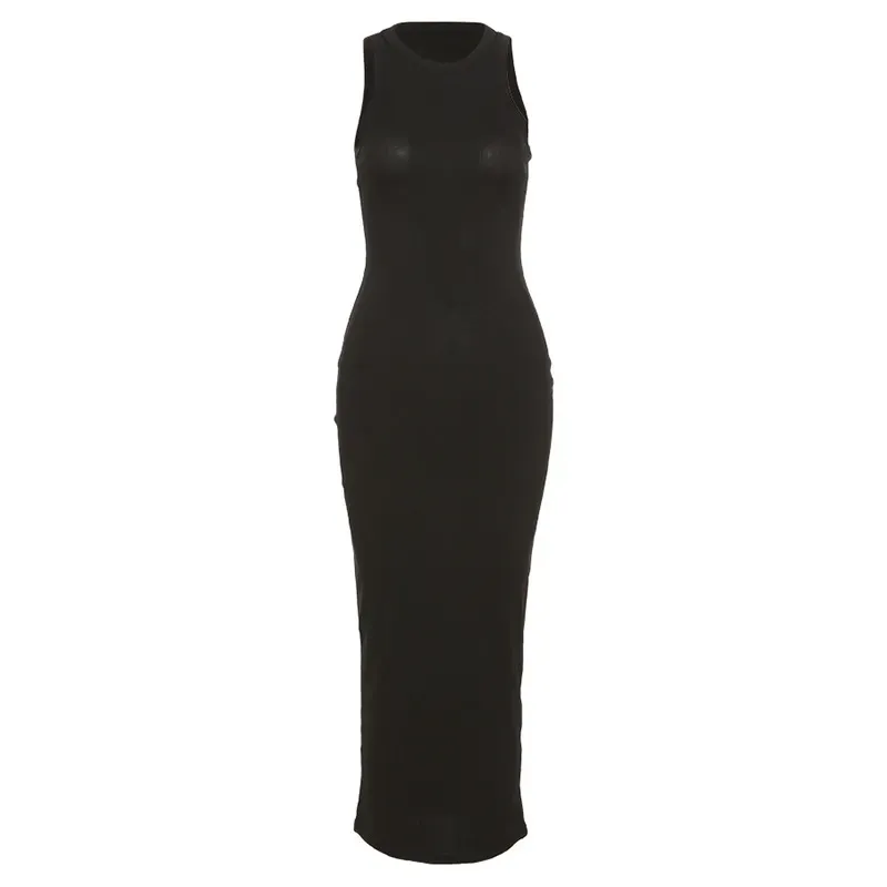 Long Sleeveless Bodycon Dress in Solid Color - Slim Fit - Polyester/Spandex
