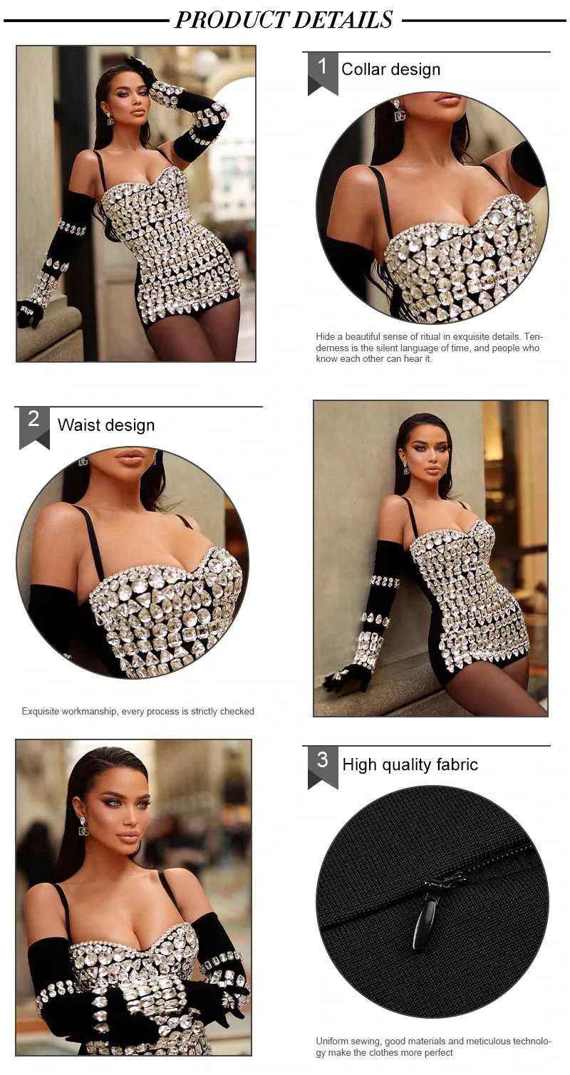 Luxury Gloves Diamond Bodycon Bandage Black Mini Dress