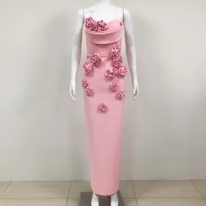 Maisie Pink Tube Bodycon With Flower Applique Maxi Dress