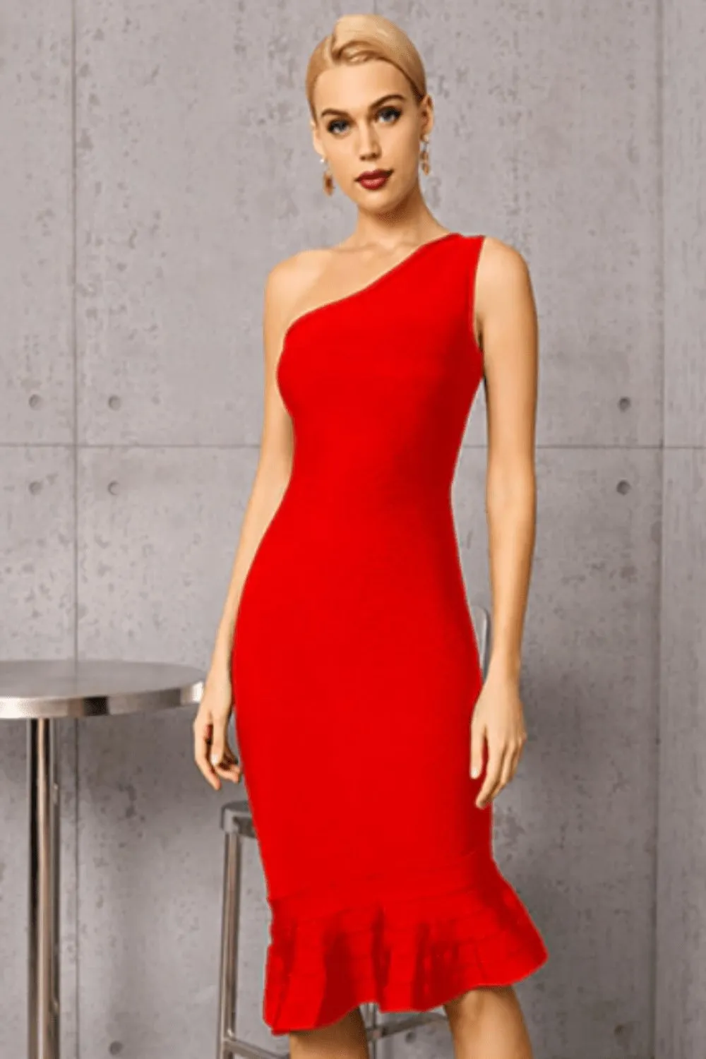 Midnight In London Red Off Shoulder Ruffle Bodycon Midi Dress