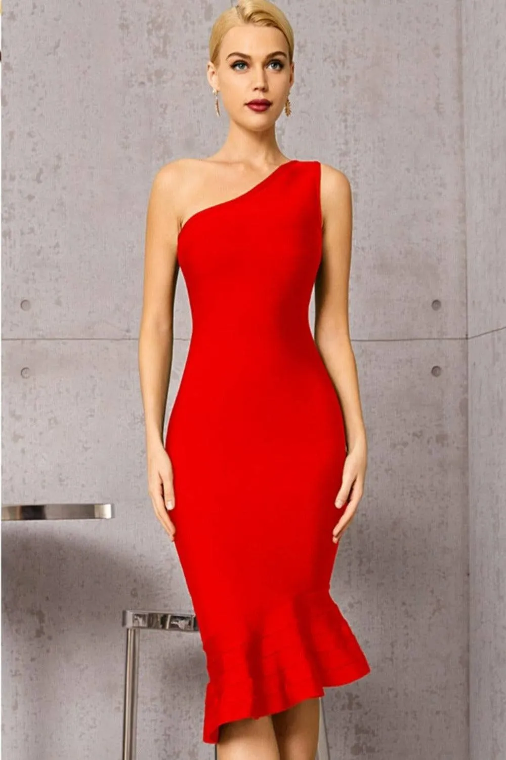 Midnight In London Red Off Shoulder Ruffle Bodycon Midi Dress
