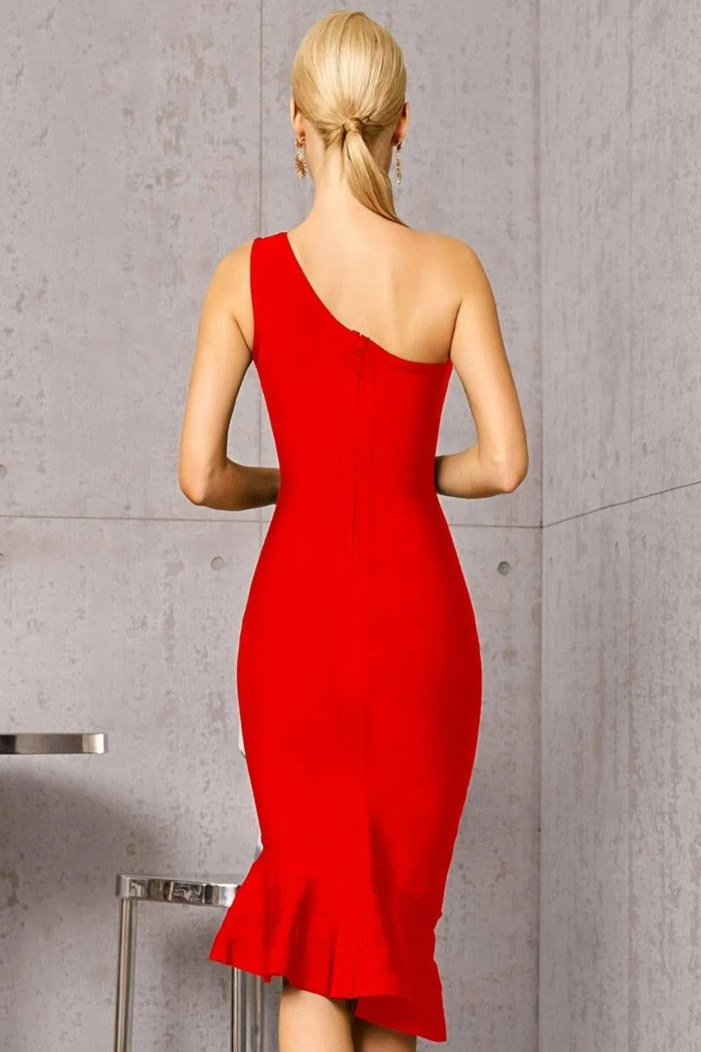 Midnight In London Red Off Shoulder Ruffle Bodycon Midi Dress