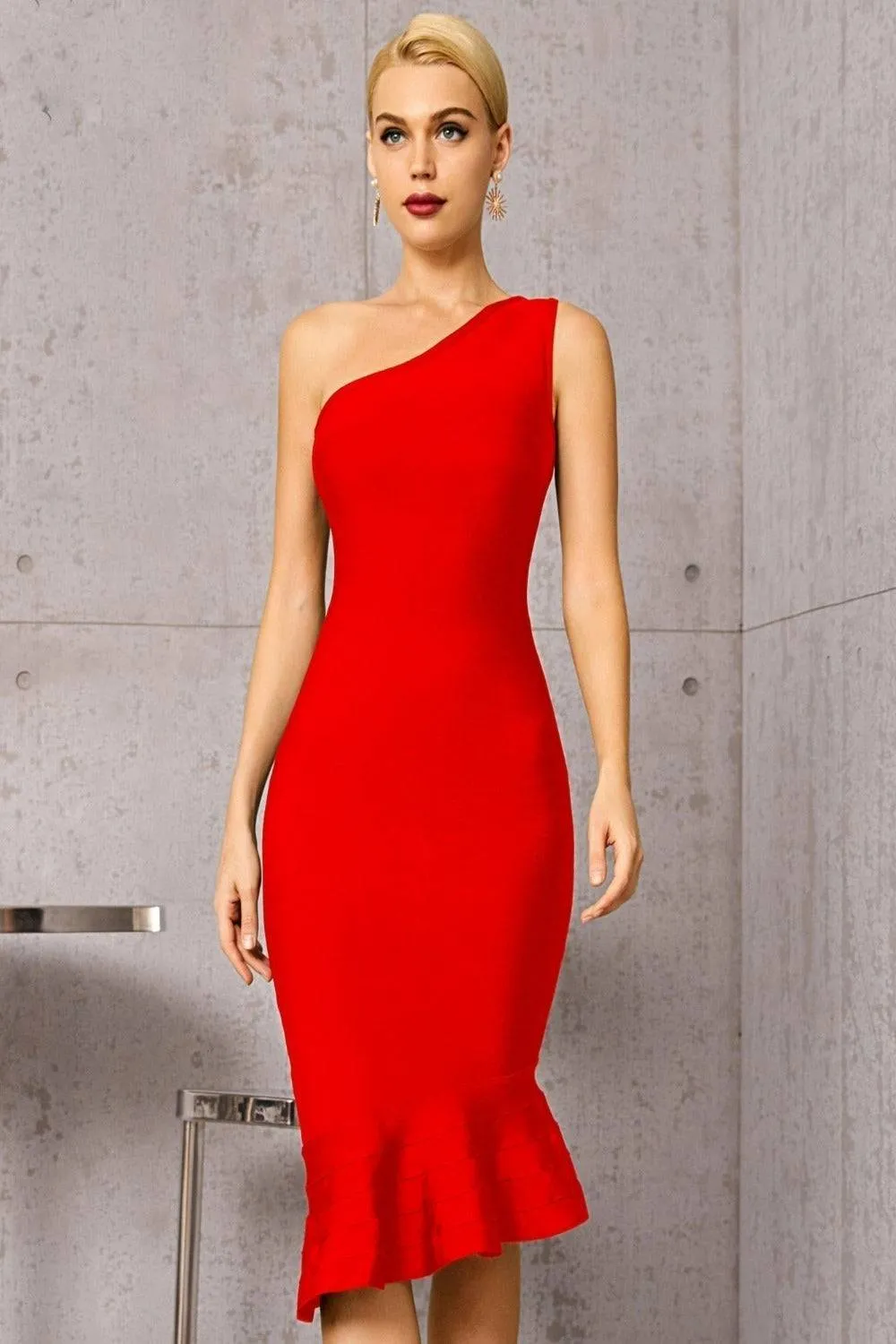 Midnight In London Red Off Shoulder Ruffle Bodycon Midi Dress
