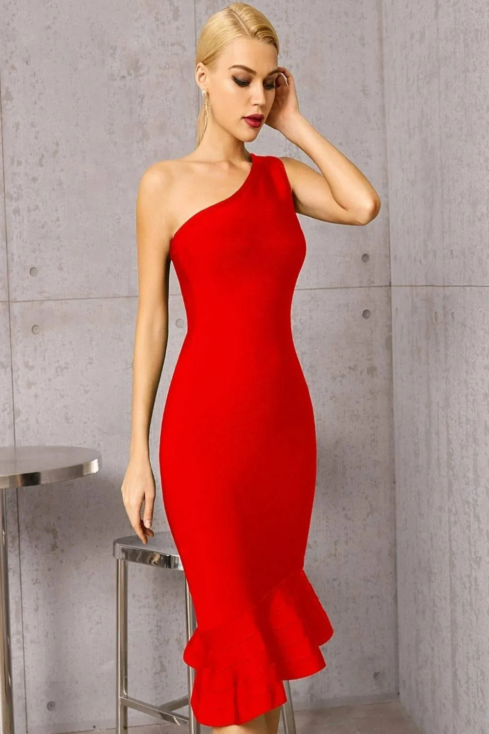 Midnight In London Red Off Shoulder Ruffle Bodycon Midi Dress