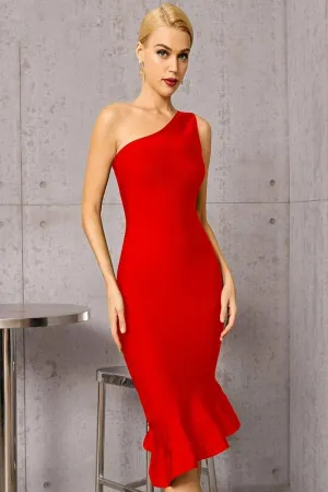 Midnight In London Red Off Shoulder Ruffle Bodycon Midi Dress