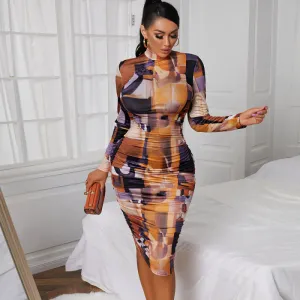 Mock Neck Printed Bodycon Dress with Long Sleeves, Slim Fit, and Midi Skirt - Milk Fiber/Polyester Fabric