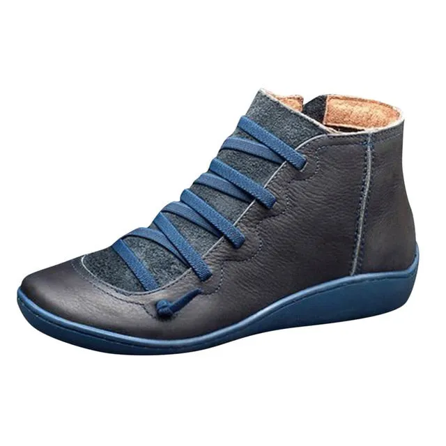 New Women's Casual Flat Leather Retro Lace-up Boots Side Zipper Round Toe Shoe Leather Ankle Boots Zapatos Mujer Wram Botas
