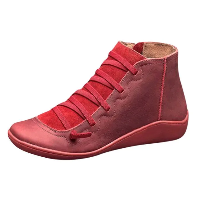 New Women's Casual Flat Leather Retro Lace-up Boots Side Zipper Round Toe Shoe Leather Ankle Boots Zapatos Mujer Wram Botas