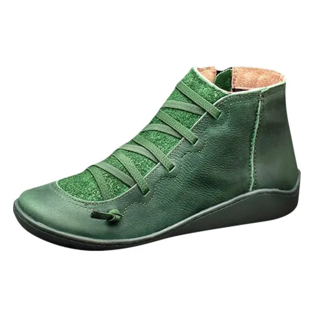 New Women's Casual Flat Leather Retro Lace-up Boots Side Zipper Round Toe Shoe Leather Ankle Boots Zapatos Mujer Wram Botas