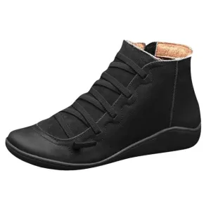 New Women's Casual Flat Leather Retro Lace-up Boots Side Zipper Round Toe Shoe Leather Ankle Boots Zapatos Mujer Wram Botas
