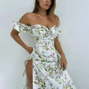 Off Shoulder Puff Sleeve Lace Up Side Split Floral Dress
