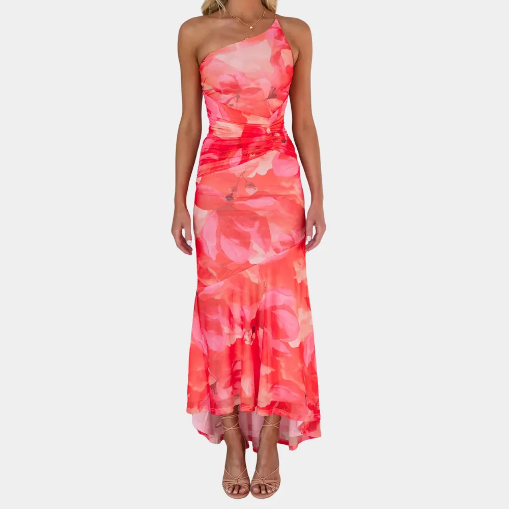 Pearl® | Elegant long women's dress with asymmetrical shoulders