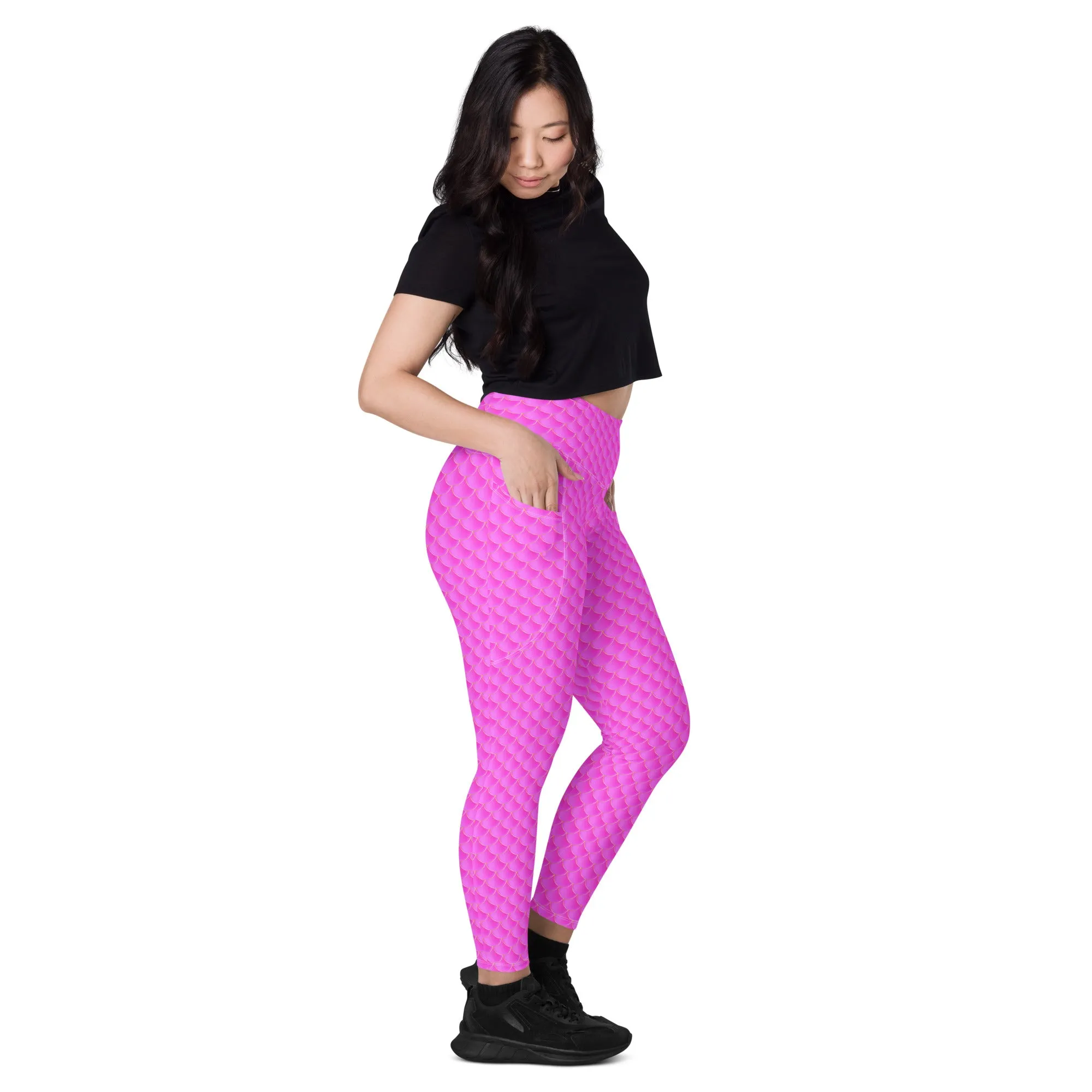 Pink Mermaid Rash Guard Pants Leggings With Pockets UPF 50 