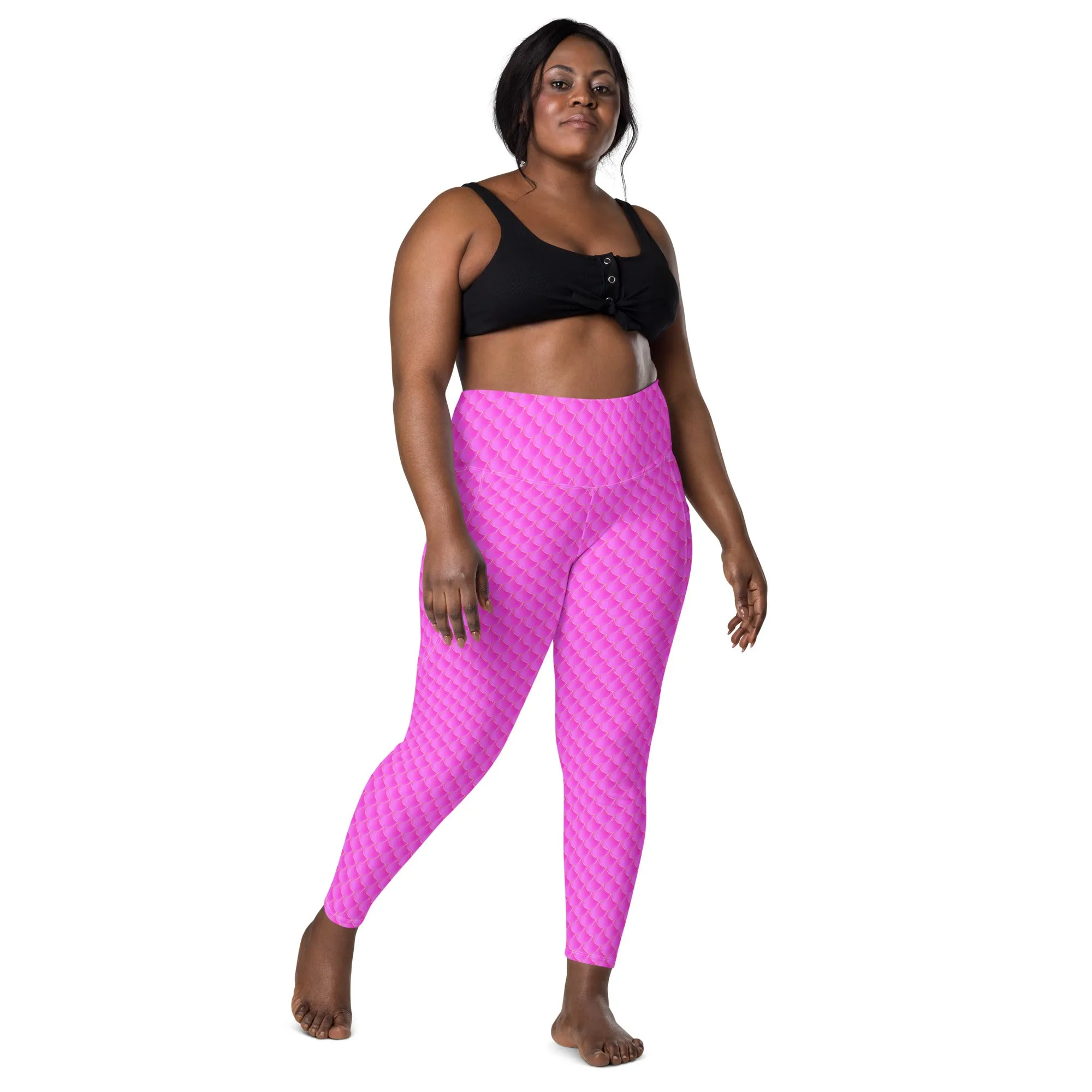Pink Mermaid Rash Guard Pants Leggings With Pockets UPF 50 