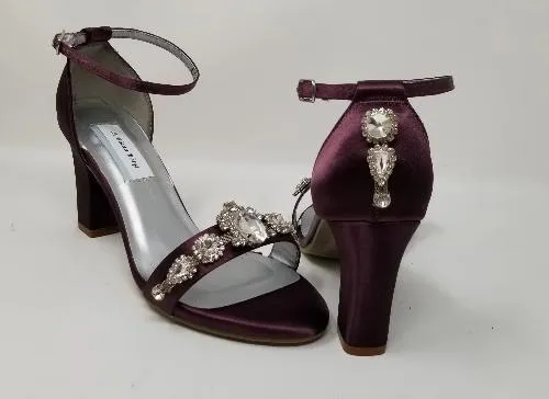 Plum Wedding Shoes with Chunky Heel Crystal Front and Back Design