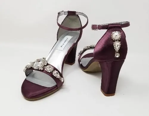 Plum Wedding Shoes with Chunky Heel Crystal Front and Back Design