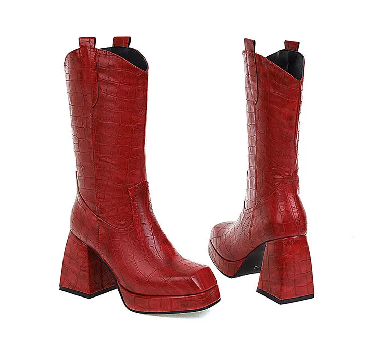 Pointed Toe Mid-Calf Boots Chunky Block Heel Booties for Women