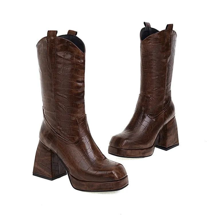 Pointed Toe Mid-Calf Boots Chunky Block Heel Booties for Women