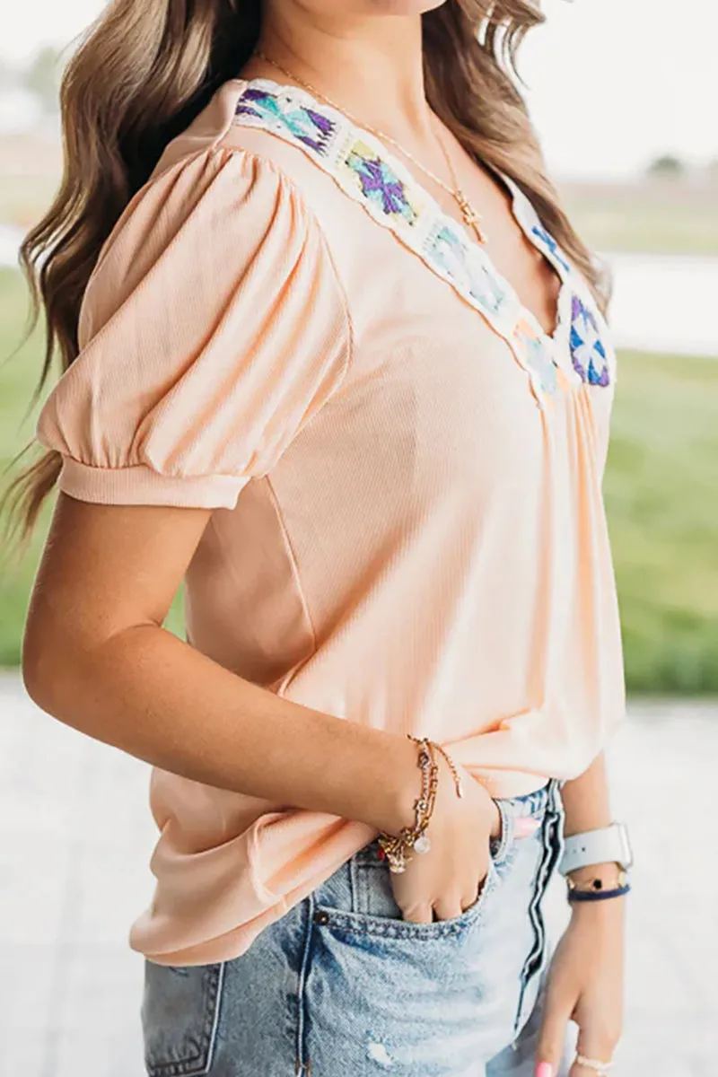 PREORDER! ETA 4/16 Pale Chestnut Cameron Crochet V-Neck Blouse **SHIPPING EXPECTED TO BEGIN ON DATE 4/16**