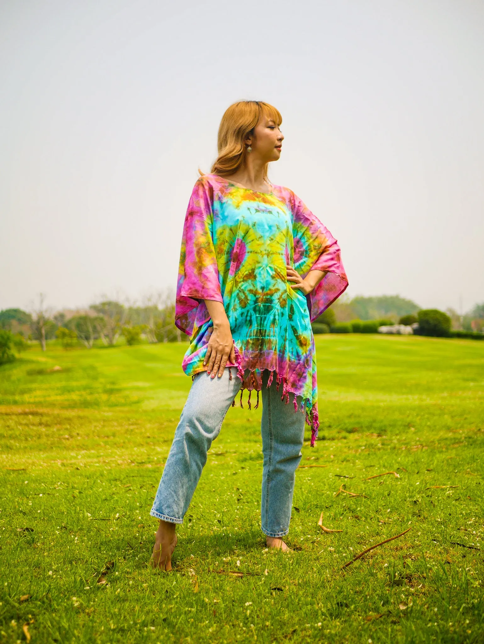 Radiant Aurora Poncho Hand Dyed Tunic Kaftan Blouse Oversize Top