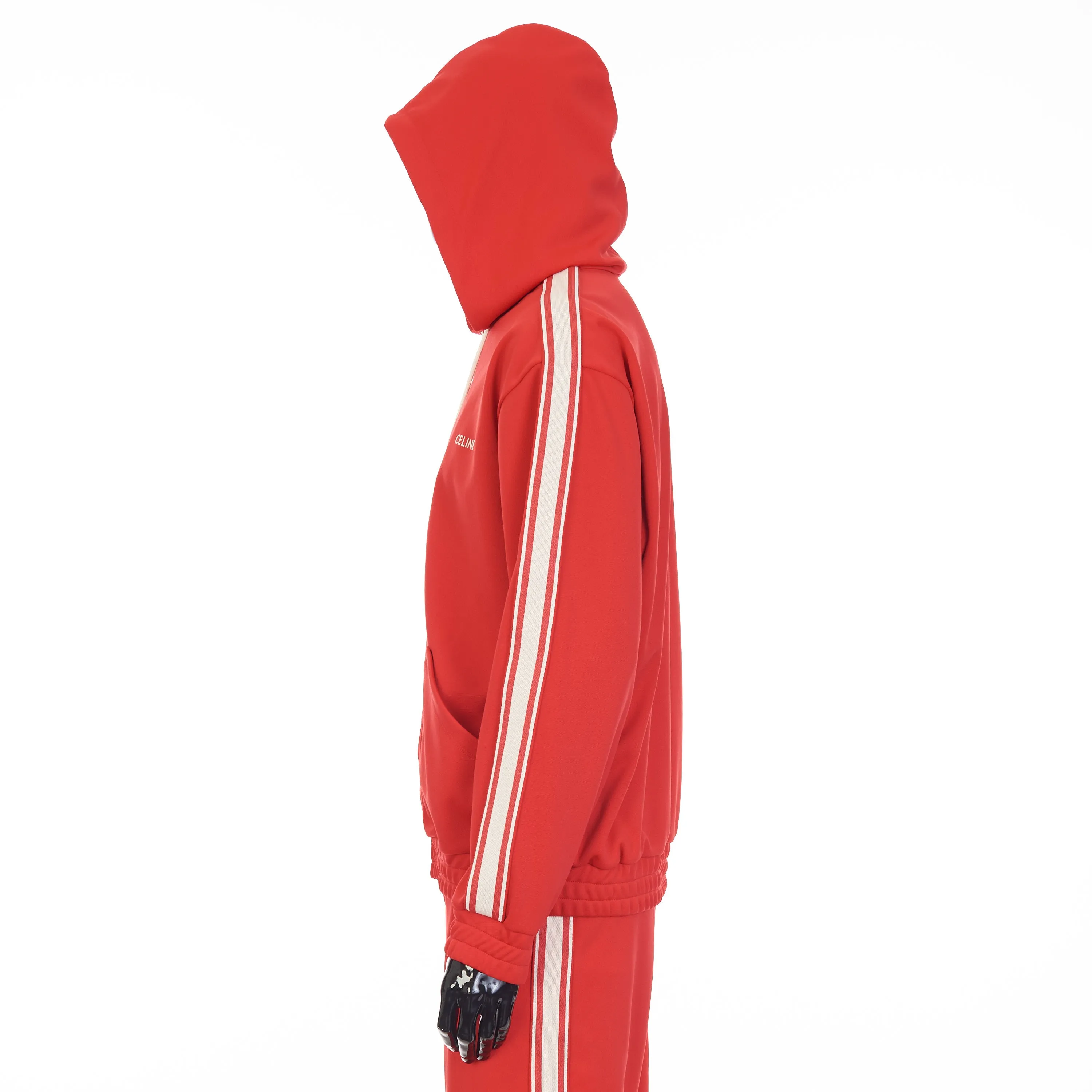 Red Tracksuit Jacket - Celine Embroidery, Hood, Zip Up, Double Face Jersey