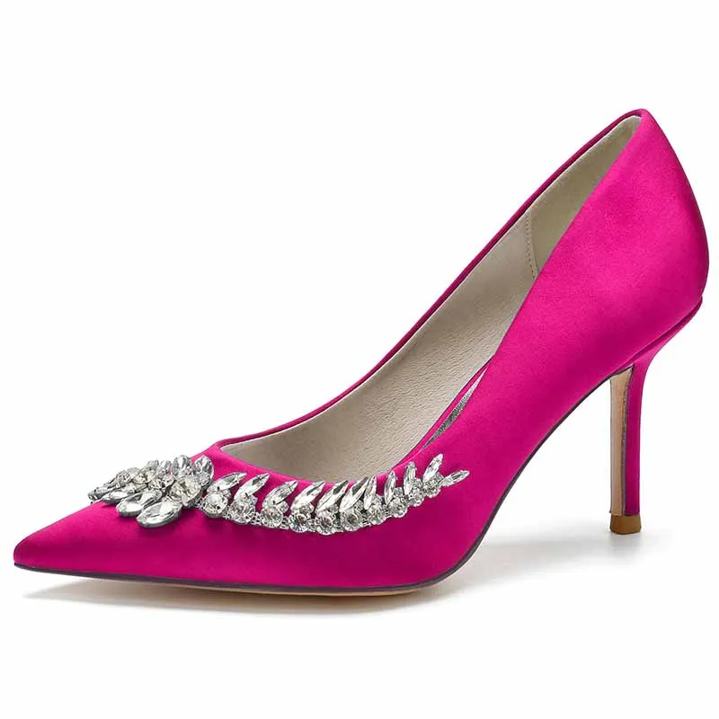 Rhinestone Heeled Pumps Satin Pointy Toe Stilettos Wedding Shoes Women