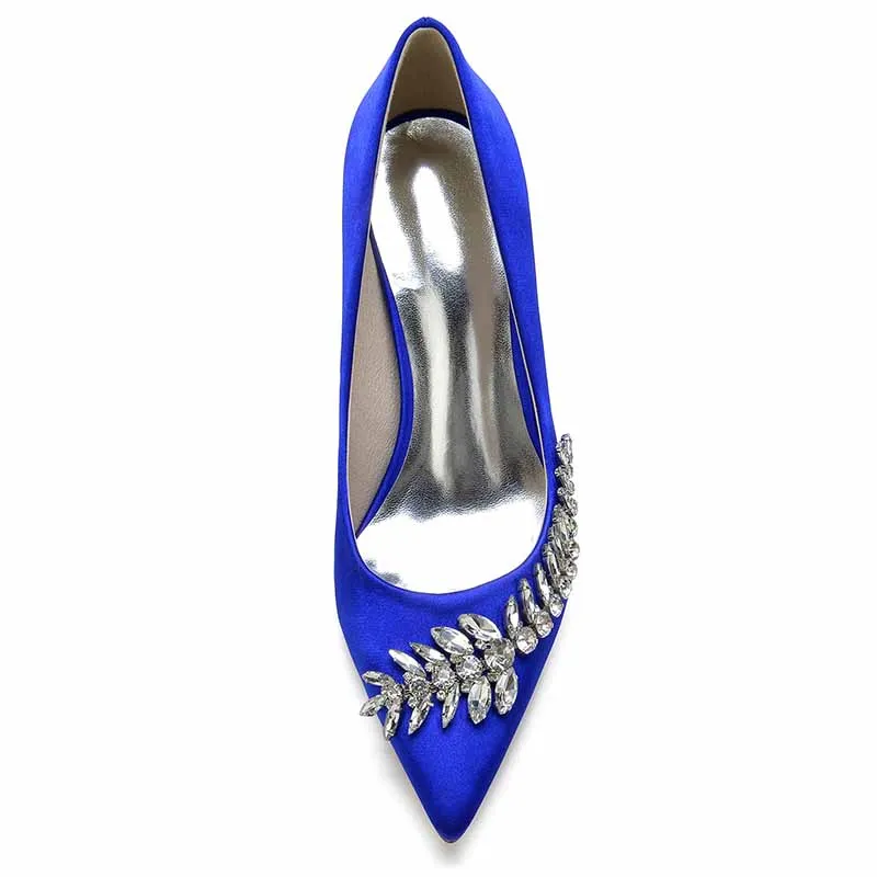 Rhinestone Heeled Pumps Satin Pointy Toe Stilettos Wedding Shoes Women