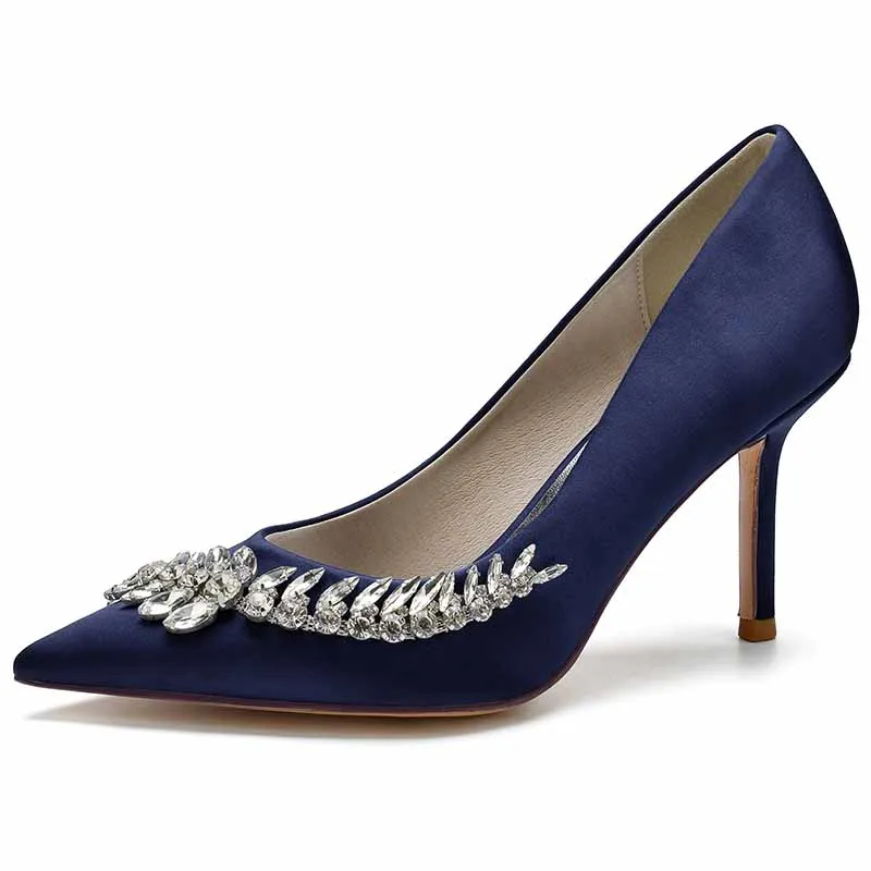 Rhinestone Heeled Pumps Satin Pointy Toe Stilettos Wedding Shoes Women