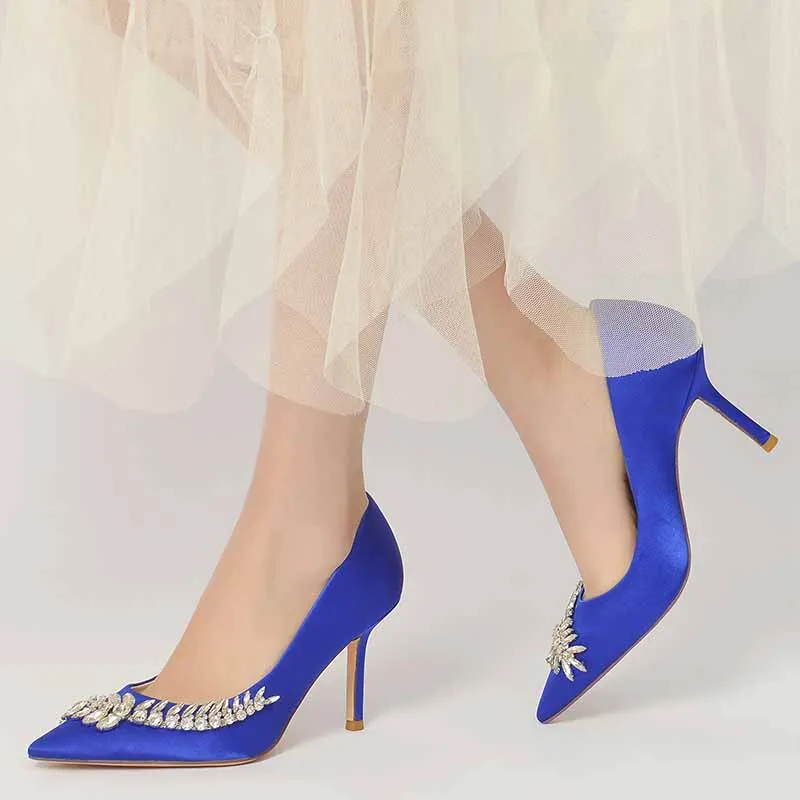 Rhinestone Heeled Pumps Satin Pointy Toe Stilettos Wedding Shoes Women