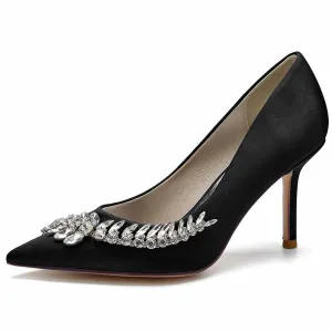 Rhinestone Heeled Pumps Satin Pointy Toe Stilettos Wedding Shoes Women
