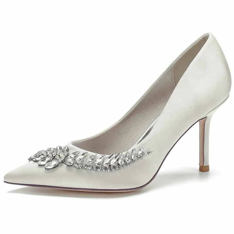 Rhinestone Heeled Pumps Satin Pointy Toe Stilettos Wedding Shoes Women