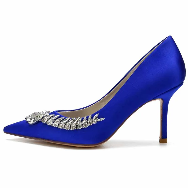 Rhinestone Heeled Pumps Satin Pointy Toe Stilettos Wedding Shoes Women