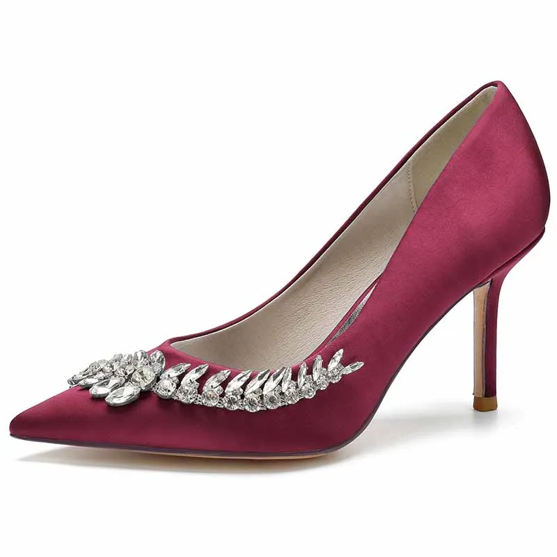 Rhinestone Heeled Pumps Satin Pointy Toe Stilettos Wedding Shoes Women