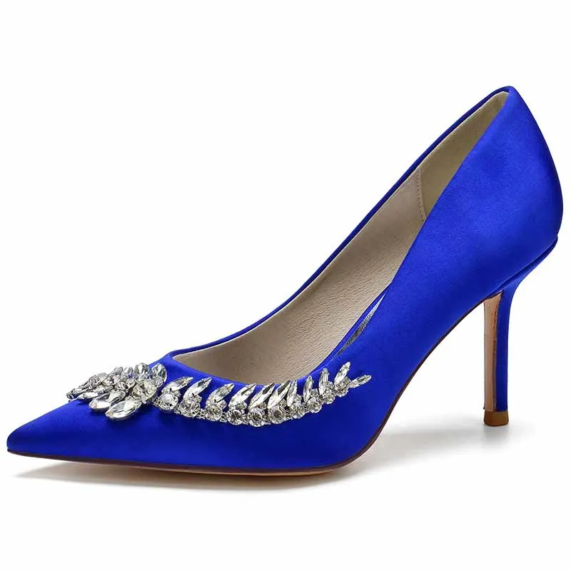 Rhinestone Heeled Pumps Satin Pointy Toe Stilettos Wedding Shoes Women