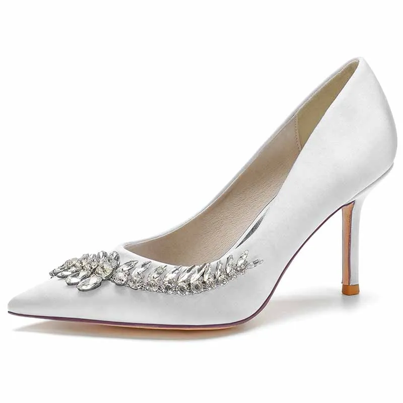 Rhinestone Heeled Pumps Satin Pointy Toe Stilettos Wedding Shoes Women