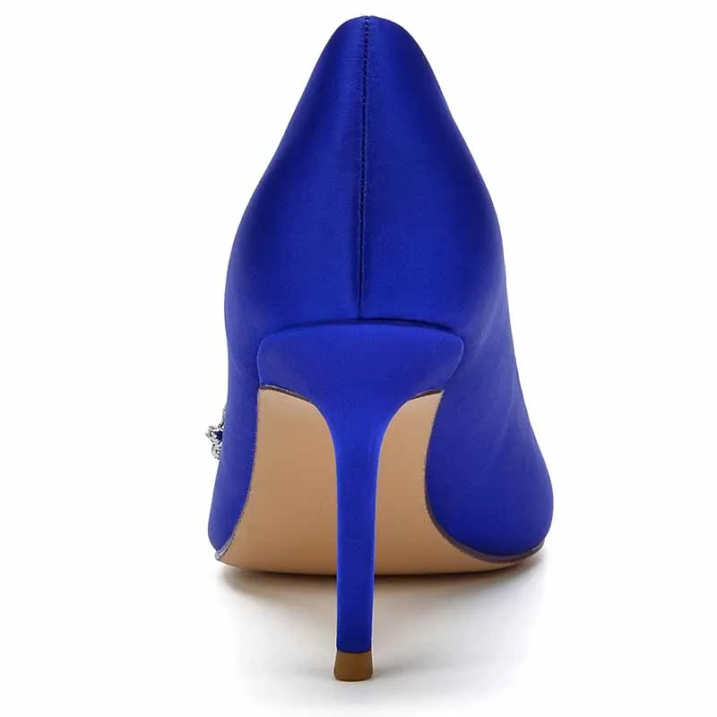 Rhinestone Heeled Pumps Satin Pointy Toe Stilettos Wedding Shoes Women